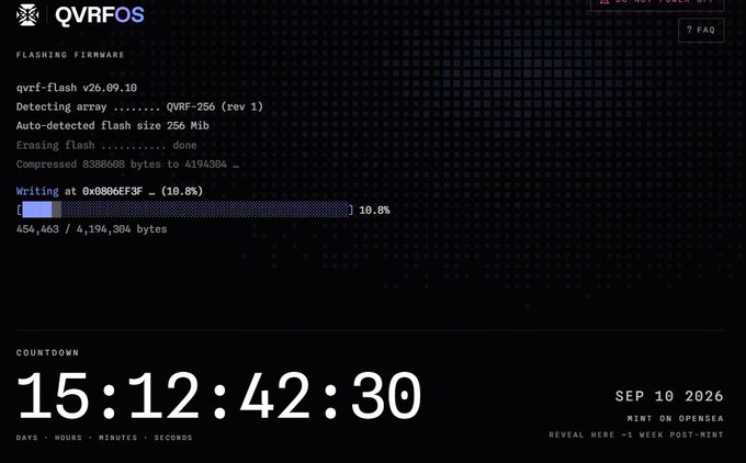 A dark interface showing 'QVRFOS' flashing firmware v26.09.10 onto a QVRF-256 device, with a progress bar at 10.8% and a countdown timer reading 15:12:42:30 until 'SEP 10 2026'.