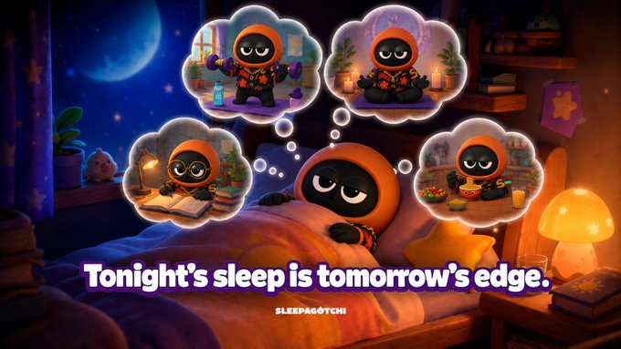 A digital illustration of a small hooded character dreaming about themselves working out, meditating, reading, and eating, with the tagline 'Tonight's sleep is tomorrow's edge.' and the text 'SLEEPAGOTCHI' below.