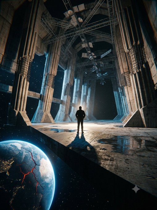 A cinematic scene of a lone figure standing on a platform inside a massive futuristic structure, gazing at a starry sky with a damaged Earth visible in the foreground.