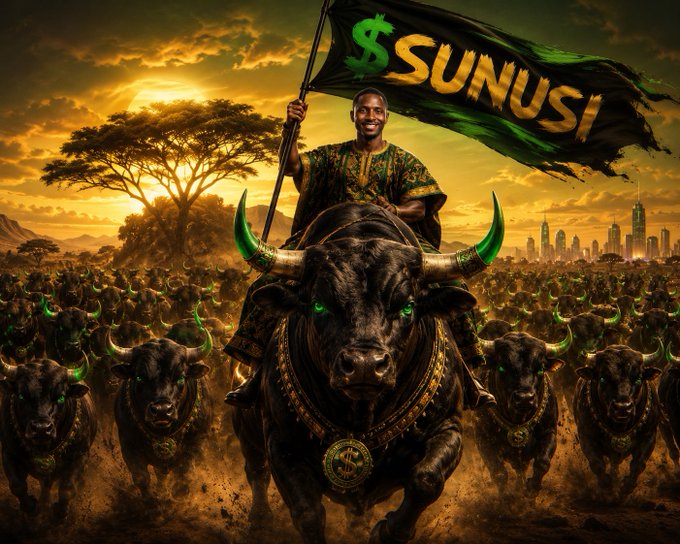 A confident man in green and gold robes rides atop a massive, horned bull holding a "$SUNUSI" flag, leading a stampeding herd of similar green-eyed bulls toward a city skyline at sunset. The imagery mirrors the post's "GM Bulls" message, symbolizing unstoppable bullish momentum and charging conviction behind the $SUNUSI token.