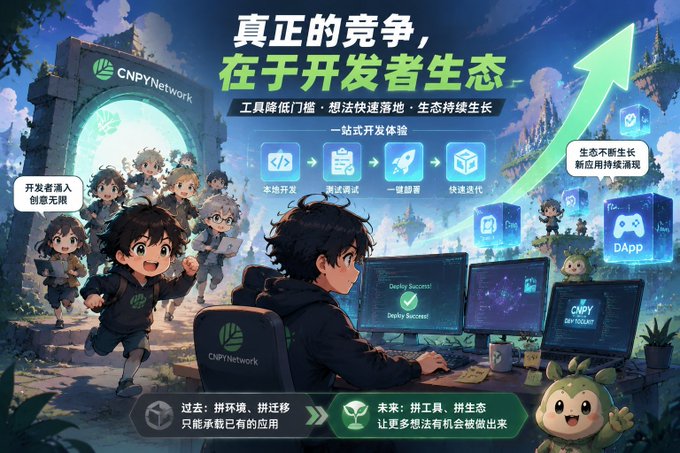 A vibrant illustration depicting "CNPYNetwork" with the headline "真正的竞争，在于开发者生态" (The real competition lies in the developer ecosystem), showing chibi-style developers and characters progressing through stages of "本地开发 → 测试调试 → 一键部署 → 快速迭代" (Local Development → Testing & Debugging → One-Click Deployment → Rapid Iteration), with side notes "开发者涌入 创意无限" (Developers flood in, unlimited creativity) and "生态不断生长 新应用持续涌现" (Ecosystem keeps growing, new applications keep emerging)—visually reinforcing the post's point that, like Ethereum's early success, lasting platform dominance is built on empowering developers to rapidly build, deploy, and iterate rather than chasing user numbers.