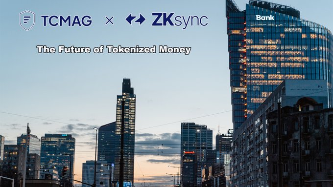 The image features a city skyline with tall buildings, including one that has "Bank" written on its facade. Below this scene, there's an advertisement for "ZKSync", which is a company that specializes in tokenized money management services. The text of the ad reads "The future of tokenized money". This suggests that the image is promoting a new and innovative way to manage finances using tokens or digital assets.