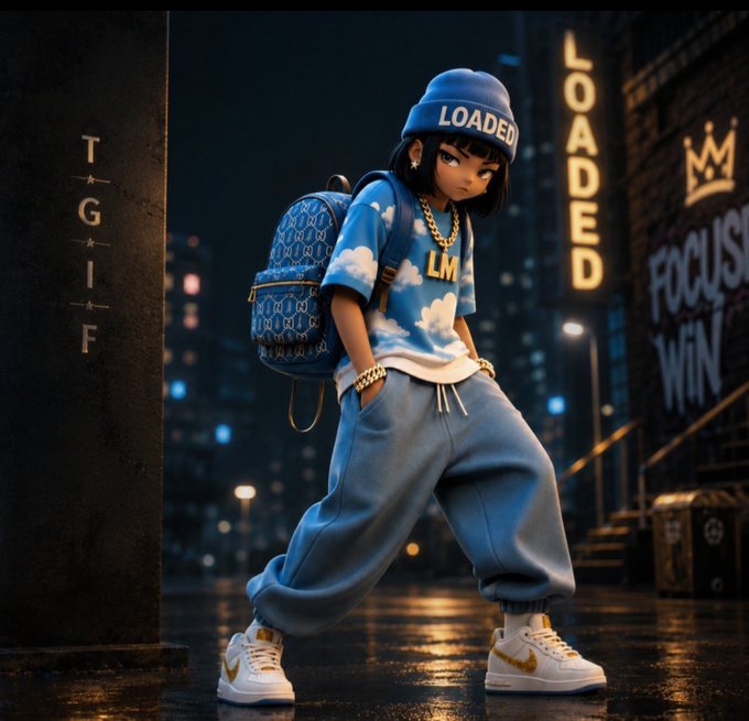 A 3D cartoon-style illustration of a stylish female character in an urban night setting, wearing a blue 'LOADED' beanie, a sky/cloud t-shirt, baggy jeans, a blue MCM backpack, and Nike sneakers, standing near neon 'LOADED' signs.