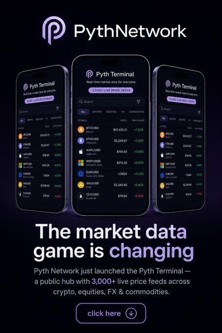 The image features a poster for a cryptocurrency trading platform called "Pyth Network" that was just launched. The poster displays three cell phones, each showing different information about the trading platform. The phones are arranged vertically, with one at the top left corner, another in the middle, and the third on the bottom right side of the image. Each phone shows a screen displaying various data related to the trading platform, such as live price feeds for crypto, equities, forex, and commodities. The poster also includes text that reads "The market data game is changing" and "@PythNetwork just launched the Pyth Terminal".