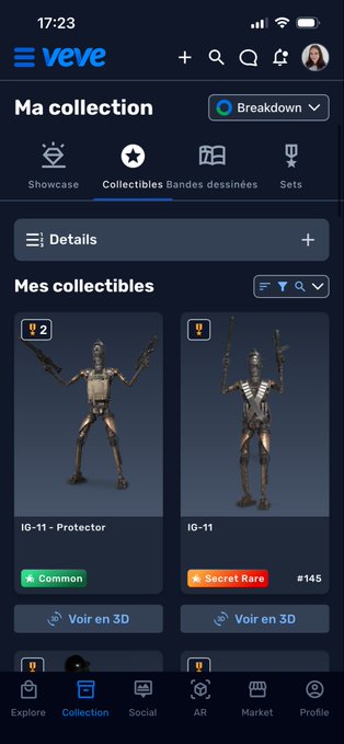 The image shows a screen that displays an app called Veve, with a collection of items for sale, including a collection of 3D models of Darth Vader from the Star Wars franchise. There are two Darth Vader figures shown in this collection, one standing upright and the other lying down with arms raised. An article titled "Marie-velva: Did you get lucky? One SR for @Teamvevedream and one for me You can listen to our live replay, we talked about Veve, and this incredible augmented reality collectible: The IG-11 Droid #starwars @veve_official @Disney #nfts @DavidYuNZ".