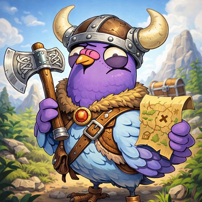 An illustration of a purple and blue cartoon bird dressed as a Viking, wearing a horned helmet and holding a battle axe and a treasure map.
