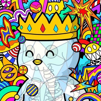 A vibrant pop-art style illustration of a smiling white character wearing a colorful crown, surrounded by chaotic shapes and patterns.