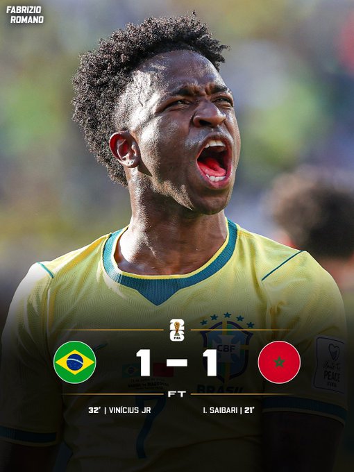 The image features a soccer player wearing a yellow jersey with the number 1 on his back, standing in front of a scoreboard that displays the results of a match between Brazil and Morocco. The player appears to be celebrating or reacting to an event during the game, as he is seen yelling into his mouth. The scene captures the excitement and intensity of the moment, with the soccer ball visible in the background.