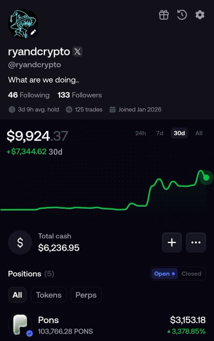 A screenshot of the fomo.family profile page for user "ryandcrypto," showing a portfolio value of $9,924.37 (+$7,344.62 over 30 days), with a notable position in PONS (103,766.28 PONS worth $3,153.18, up 3,378.85%) — supporting the giveaway post by demonstrating the author's active PONS holdings.