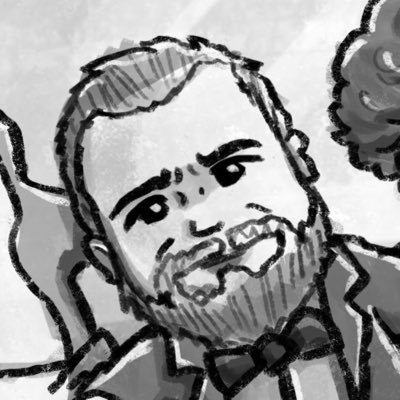 A black and white sketch-style illustration of an angry bearded man in a suit and bow tie with sharp teeth, appearing in a comic or storyboard style.