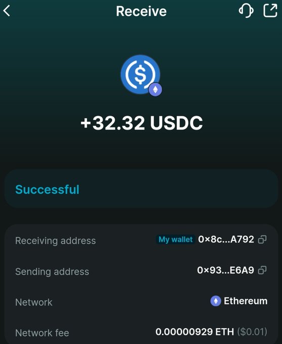 A cryptocurrency wallet screenshot showing a successful receipt of +32.32 USDC on the Ethereum network with a network fee of 0.00000929 ETH ($0.01).