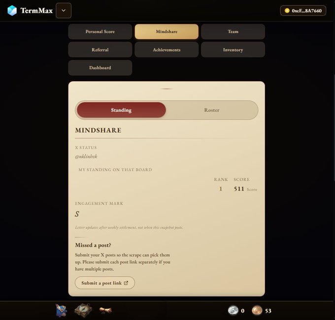 A dark-themed TermMax dashboard showing the Mindshare tab with X Status for @nkl1nbsk, displaying a Rank of 1 and Score of 511, with an Engagement Mark of S and a button to 'Submit a post link'.