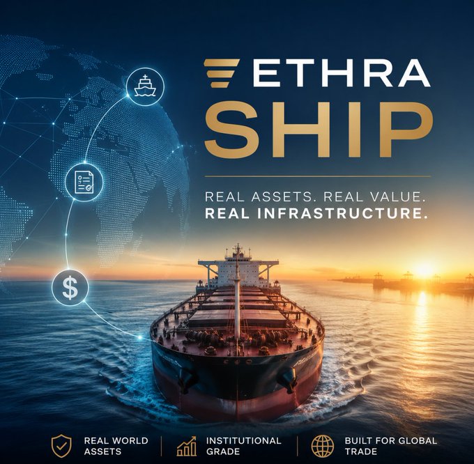 A cargo ship sails at sunset beneath a digital globe and the "ETHRA SHIP" logo, with tagline "REAL ASSETS. REAL VALUE. REAL INFRASTRUCTURE." and feature callouts for "Real World Assets," "Institutional Grade," and "Built for Global Trade." The image visually reinforces the post's emphasis on bridging real-world shipping infrastructure with onchain transparency.