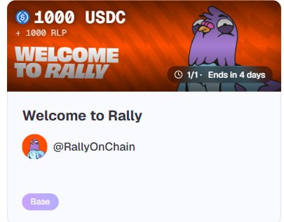 The image shows a social media platform's welcome page for users who want to join the RallyOnChain community. The post has been edited with purple text that reads "Welcome to RallyToRally" and "Ends in 4 days". The post also mentions that anyone can join @RallyOnChain now, which is related to the main content of the image.