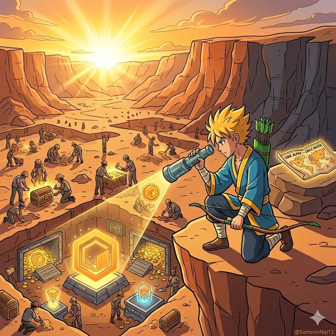 The image features a man dressed in traditional Japanese clothing, holding a lantern or flashlight while standing atop a cliff overlooking a valley below. The scene includes several other people scattered across the landscape as well. The caption reads "En crypto, le timing est tout. Core Alpha te donne un accès anticipé aux projets à plus fort potentiel dans l'écosystème Core.