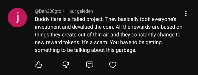 The image shows a YouTube comment from user @Dan288gto posted 1 hour ago criticizing Buddy Flare (FLR) as a "failed project" and "scam" that devalued investors' coins with constantly changing reward tokens. The accompanying post highlights the irony of a bearish FLR comment actually encouraging the poster to buy more $FLR.
