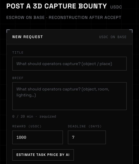A form titled "POST A 3D CAPTURE BOUNTY" on the VanGrid platform, showing a "NEW REQUEST" section where users can specify a title, brief, reward (1000 USDC), and deadline (7 days), illustrating how buyers post escrow-funded bounties on Base to request specific 3D captures from operators.
