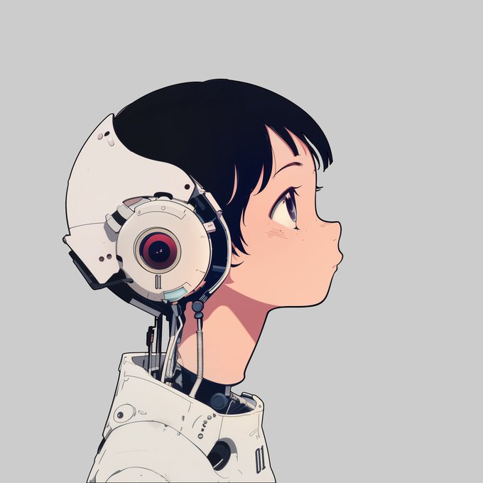 An anime-style digital illustration showing a young person in profile, featuring mechanical and cyborg-like elements in the back of their head and neck.