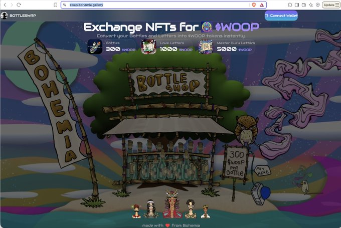 A screenshot of the 'ssp.bohemia.gallery' website featuring a 'Bottle Shop' interface that exchanges NFTs for WOOP tokens (Bottles, Love Letters, Master Guru Letters).
