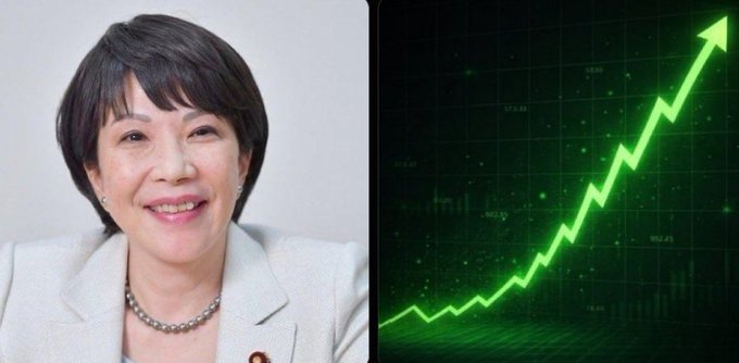 This image shows a Japanese woman smiling on the left and a green upward trending graph on the right, symbolizing positive financial growth in Japan.