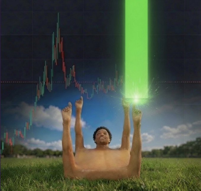 A surreal, meme-style image shows a shirtless man doing a yoga pose in a grassy field while holding up a large green trading chart candle from a financial graph above him.