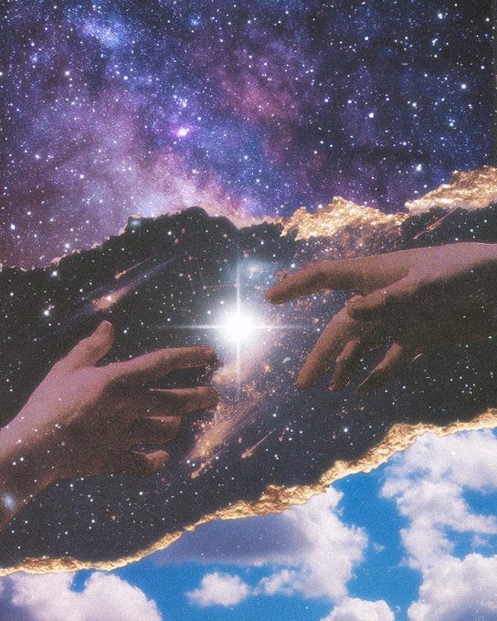 A cosmic collage in the style of Michelangelo's Creation of Adam, showing two hands reaching toward each other across a starry galaxy with clouds below.