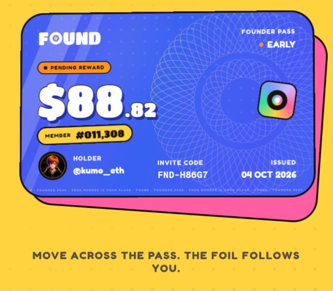 A 'FOUND' founder pass card showing a pending reward of $88.82, member number #011,308, holder @kume_eth, invite code FND-H86G7, issued 04 OCT 2026, with the tagline 'MOVE ACROSS THE PASS. THE FOIL FOLLOWS YOU.'