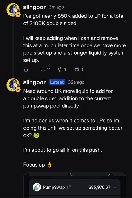 A social media post by user 'slingoor' discusses adding $50K to LP for a total of $100K double-sided, needing 8K more liquid for a double-sided addition to a PumpSwap pool currently valued at $85,976.67.