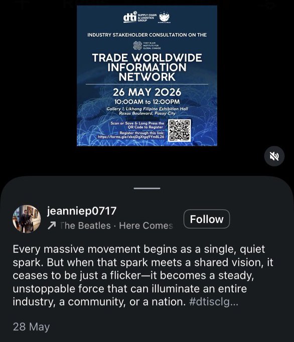In the image, there are two posts related to an event called "Trade Worldwide Information Network" that took place on Saturday 26 May 2016. The first post, a screenshot from one of the posts, contains text such as "Every massive movement begins as a single, quiet spark meets a shared vision, it causes when that spark becomes a steady force that can illuminate an entire industry, or a nation ... #IOTA". This post also includes a photograph of a person's face. The second post is a screenshot from another event that occurred on Saturday 26 May 2016, and the content shares information about this event, stating "The InstituteGC was set up to assist the industry with stakeholder consultations - it does this through its Trade Worldwide Information Network". Both posts are posted in different locations within the same image.