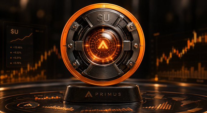 A 3D rendering of an orange and black mechanical vault or device labeled '$U' with 'PRIMUS' on its base, set against a background of financial charts.