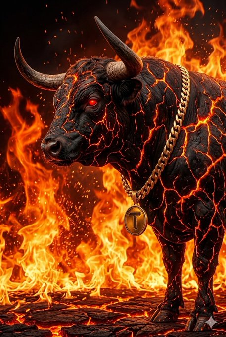A dramatic digital artwork of a black bull with glowing red eyes and cracks of lava running through its hide, wearing a gold chain with a 'T' medallion, standing amidst flames.