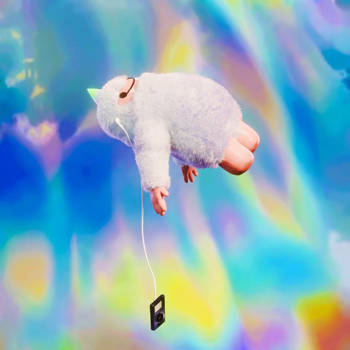 The image features a white fluffy animal, possibly a stuffed animal or a toy, wearing headphones while floating in mid-air with a black iPod attached to its ear. The background of the image has a gradient of colors that blend together, creating an abstract and surreal atmosphere. The caption "how the AURA got me feeling" suggests that the scene might be inspired by a dream or imagination where the fluffy animal is experiencing music through the headphones while floating in space.