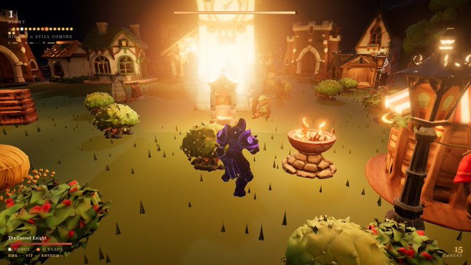 A screenshot from a video game showing a knight character in purple armor standing in a medieval village with a glowing portal, titled 'The Cursed Knight' with quest objectives visible at the bottom.