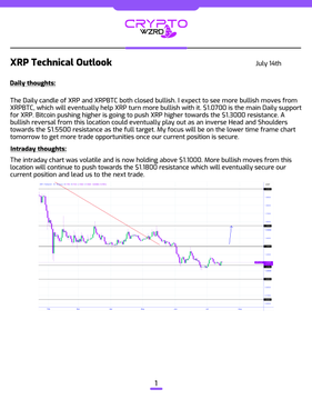 A document titled "CRYPTO BIRD - XRP Technical Outlook" dated July 14th, providing a Daily and Intraday chart analysis on XRP stating it could move between $1.10 and $1.13 with resistance at $1.16500.