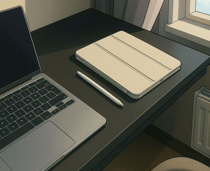 An animated-style illustration depicts a laptop, a stylus pen, and a closed tablet on a dark wooden desk near a window.