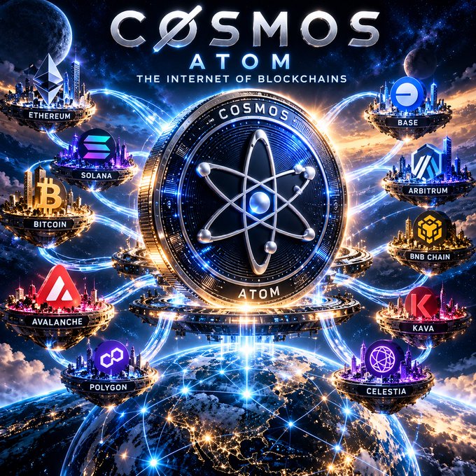 A promotional graphic for Cosmos (ATOM) cryptocurrency, described as 'The Internet of Blockchains,' showing connections to Ethereum, Solana, Bitcoin, Base, Arbitrum, BNB Chain, Avalanche, Kava, Polygon, and Celestia.