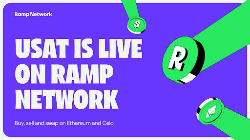 Promotional graphic for Ramp Network announcing “USAT IS LIVE ON RAMP NETWORK,” with the note “Buy, sell and swap on Ethereum and Celo.” It supports the post’s message that USAT stablecoins can now be bought, sold, swapped, and cashed out via Ramp in the US.