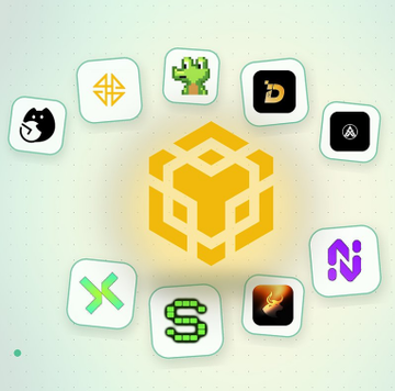 A graphic displaying a central golden Binance logo surrounded by various cryptocurrency app icons arranged in a circular pattern.