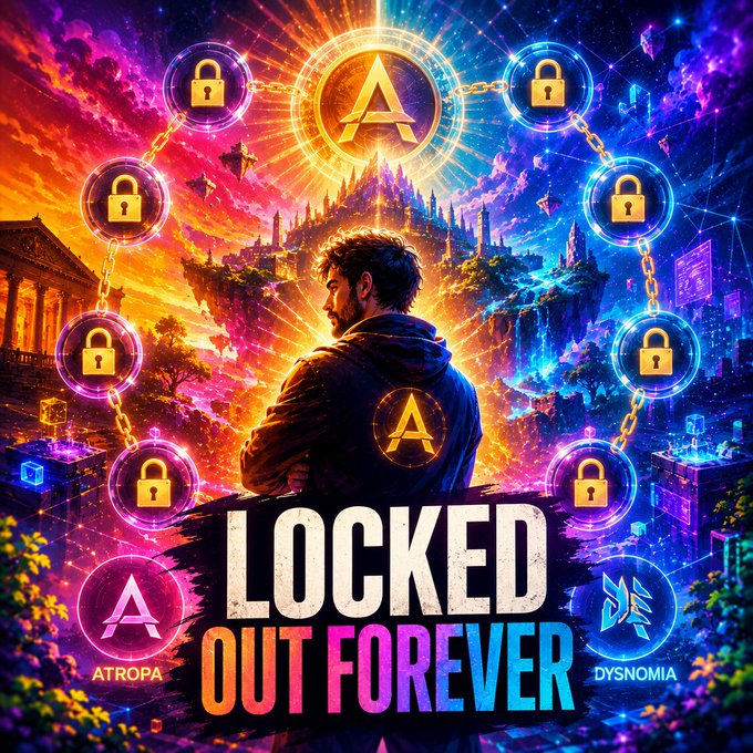 A hooded man stands before a surreal landscape of floating islands and chained padlocks, with the bold text "LOCKED OUT FOREVER" and a large "A" emblem symbolizing the $ATROPA project's self-imposed lockout. The imagery visually reinforces the post's theme by showing nine sealed padlocks surrounding the figure, representing the nine irreversible steps (Atropa to Dysnomia) that ensure the creator cannot rug-pull his own community.