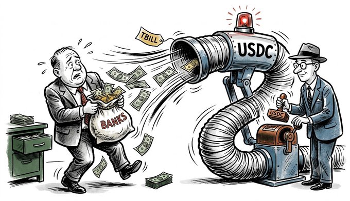 A cartoon illustration labeled 'USDC' depicting a large machine pumping dollar bills from banks, with a man holding a 'TBILL' document and another labeled 'USD₿0'.