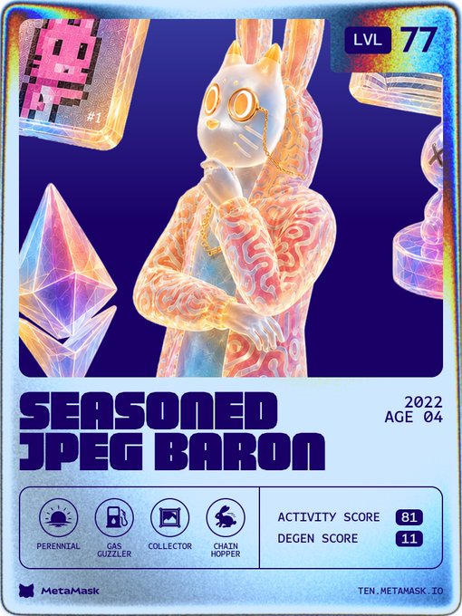 A digital collectible card titled 'SEASONED JPEG BARON' (2022, AGE 04) featuring a 3D cat-like NFT character in a patterned suit, with an activity score of 81 and Degen score of 11, branded with MetaMask.