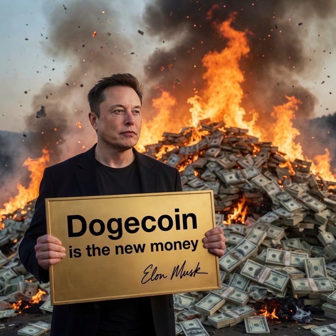 The image features a man standing next to a large pile of money, which appears to be stacks of US dollar bills. The man is holding up a sign that says "Dogecoin $DOGE is the new money." This suggests that the man is promoting or advocating for Dogecoin as an alternative form of currency.