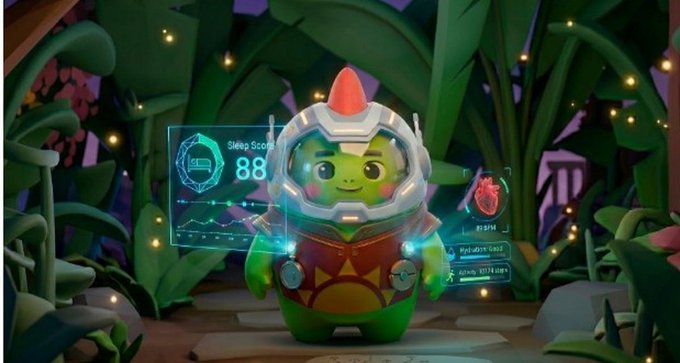 A green character in a space helmet stands in a jungle-like setting displaying holographic screens showing 'Sleep Score 88' and a heart icon.