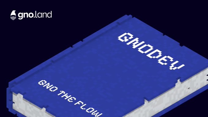 The image features an old-fashioned blue book titled "gnodev" written in white letters. The book appears to be a guide or manual for gnodev, which is a local development tool used by Gno.land. It allows developers to create and run full local Gno.land applications on their machines, enabling them to simulate the blockchain environment and interact with realms within the virtual world. The post also mentions that gnodev can be edited live, allowing users to make changes directly in the code or prototype a new application.