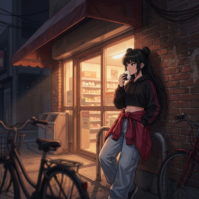 An anime-style illustration of a young woman with dark hair in a black hoodie and grey pants, leaning against a brick wall and smoking outside a shop at night.