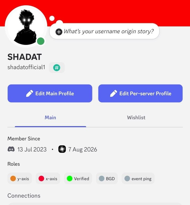 Discord profile of user "SHADAT" (shadatofficial1) showing a Member Since date of 13 Jul 2023, with roles displayed including x-axis, y-axis, Verified, BGD, and event ping, celebrating the unlocking of the y-axis role.