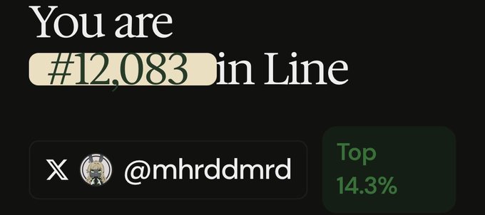 The image shows a waitlist screen indicating the user "You are #12,083 in Line" with the X (Twitter) handle "@mhrddmrd" and a "Top 14.3%" badge, illustrating their current position in the queue referenced in the post about the @Lighter_xyz and @arcus_xyz waitlist.