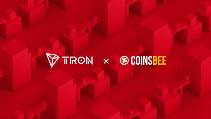 A promotional banner on a red geometric background showing a collaboration between 'TRON' and 'COINSBEE' logos.