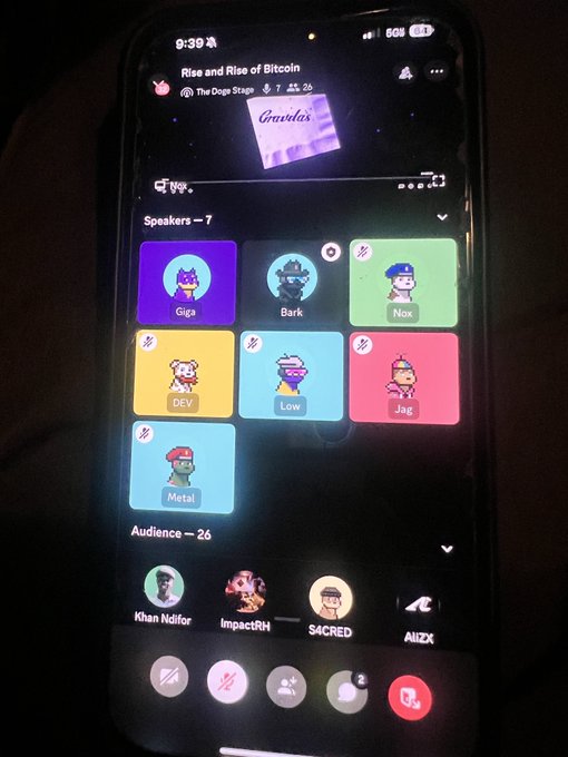 A smartphone screenshot of a Discord-style voice chat app showing a 'Rise and Rise of Bitcoin' stage with speakers named Giga, Bark, Nox, DEV, Low, Jag, and Metal.