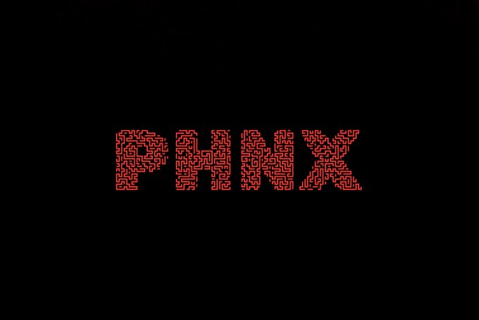 Stylized red 'PHNX' text on a black background, with the letters composed of intricate maze-like patterns.